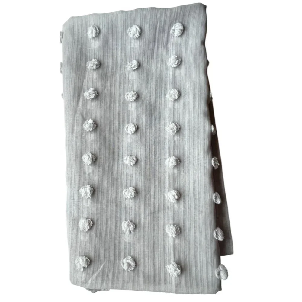 Textured Lightweight Gray Curtain Panel With Woven Pom-Pom Design 96X50 Weighted